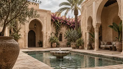 Desert courtyard with carved plaster arches – fine-art architectural photography Frame TV art