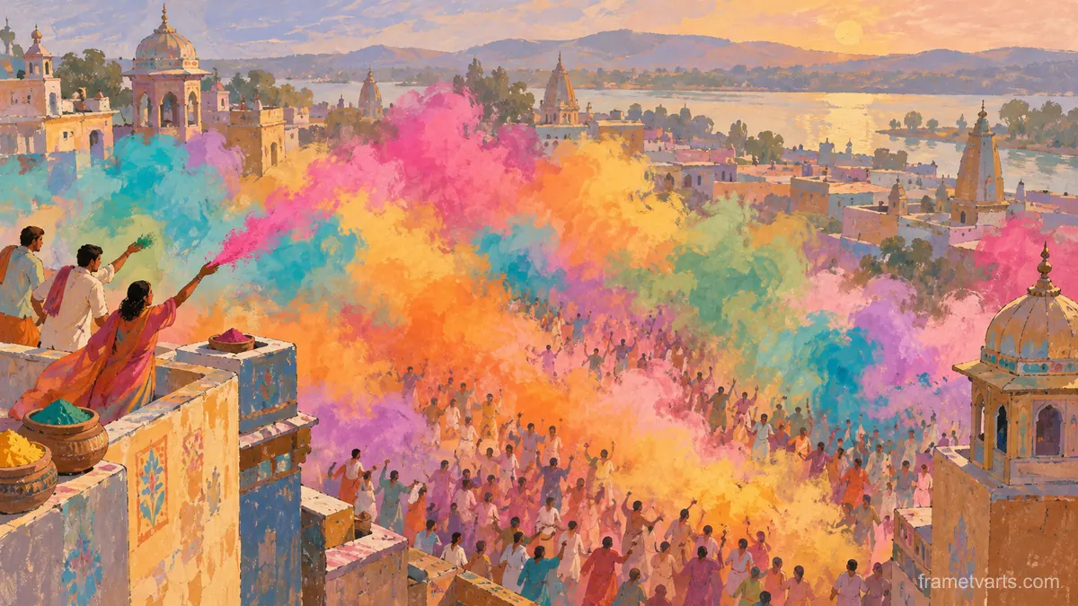 Holi abstract clouds of celebratory colored powder – decorative folk gouache Samsung Frame TV art, 4K
