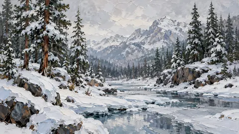 Snow-laden pine forest beside frozen creek – expressive palette-knife painting Frame TV art