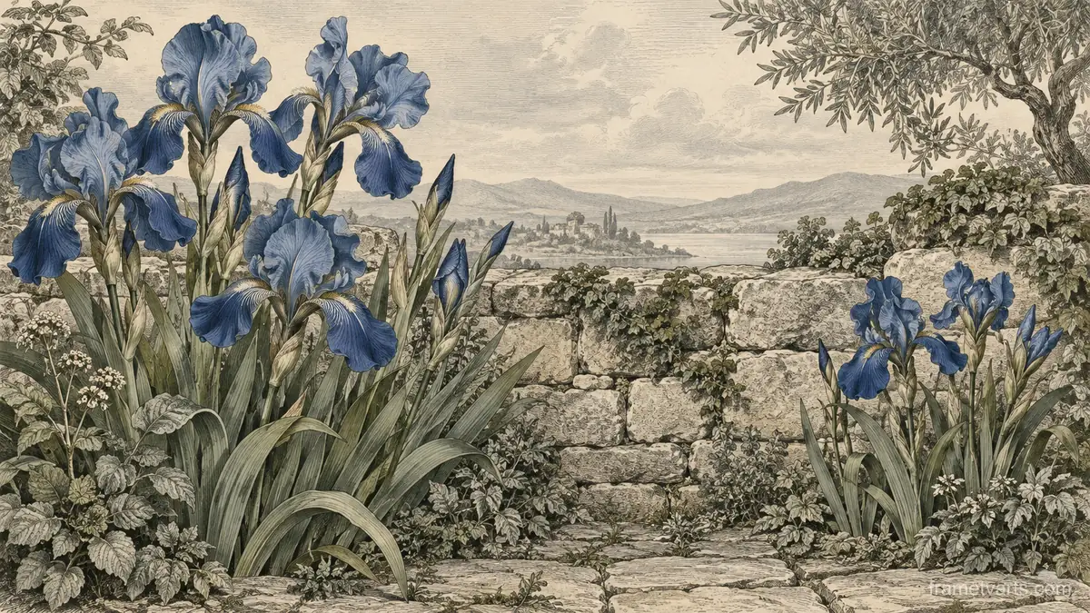 Blue irises beside a stone garden wall – vintage-style botanical engraving without labels Samsung Frame TV art, 4K