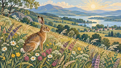 Hare among flowering meadow grasses – decorative folk painting Frame TV art