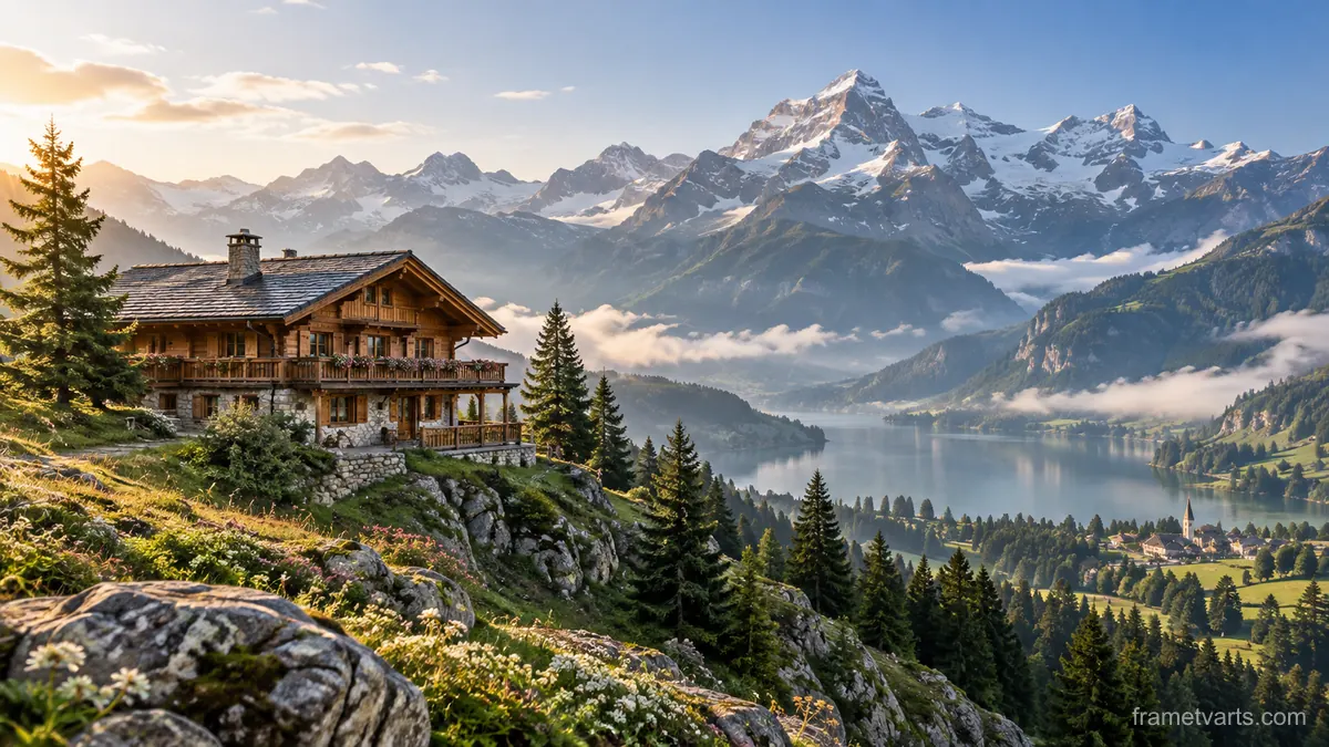 Alpine timber chalet beneath mountain peaks – fine-art architectural photography Samsung Frame TV art, 4K