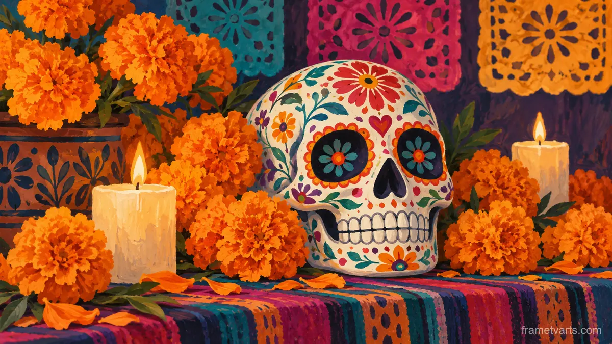Dia de los Muertos marigolds and an original decorated calavera – decorative folk gouache Samsung Frame TV art, 4K
