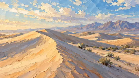 Wind-sculpted sand dunes under high clouds – expressive palette-knife painting Frame TV art