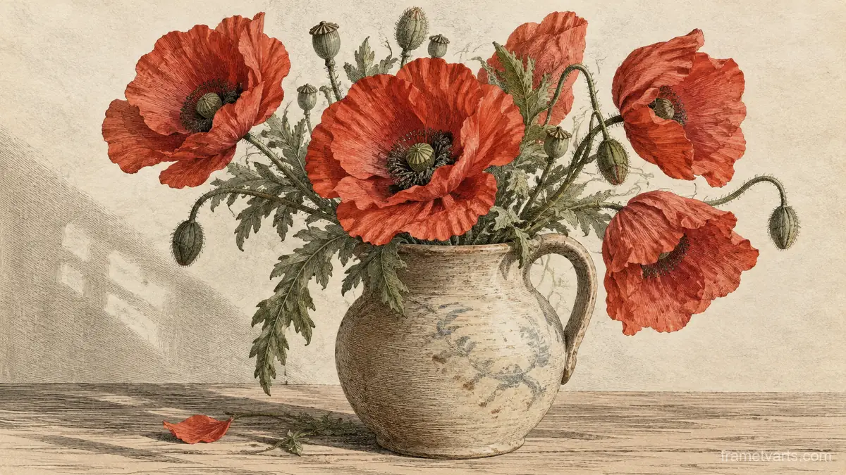 Scarlet poppies in a loose ceramic vase – vintage-style botanical engraving without labels Samsung Frame TV art, 4K