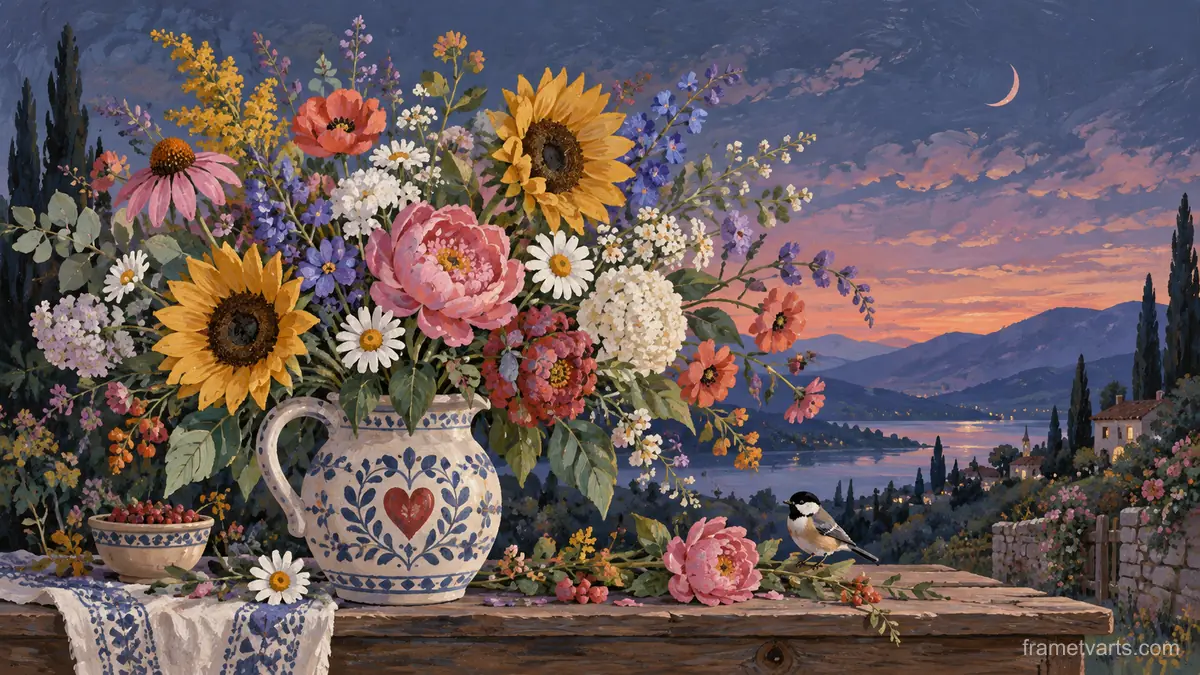 Mother's Day abundant garden bouquet without text – decorative folk gouache Samsung Frame TV art, 4K