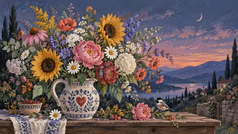 Mother's Day abundant garden bouquet without text – decorative folk gouache Frame TV art