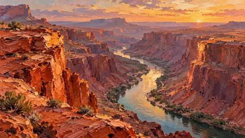 Red canyon and a narrow desert river – expressive palette-knife painting Frame TV art