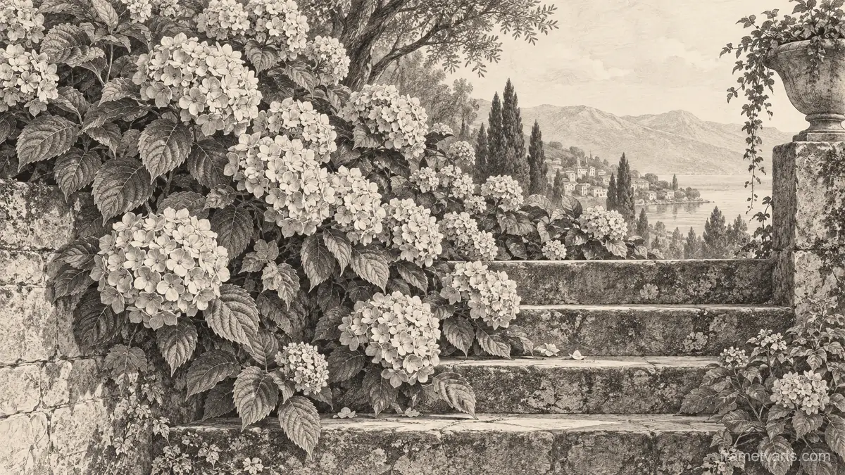 Hydrangeas spilling over weathered garden steps – vintage-style botanical engraving without labels Samsung Frame TV art, 4K
