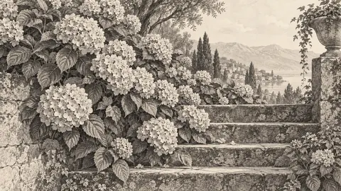 Hydrangeas spilling over weathered garden steps – vintage-style botanical engraving without labels Frame TV art