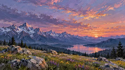 Alpine meadow with scattered boulders – expressive palette-knife painting Frame TV art