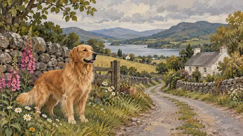 Golden dog beside a quiet country lane – decorative folk painting Frame TV art