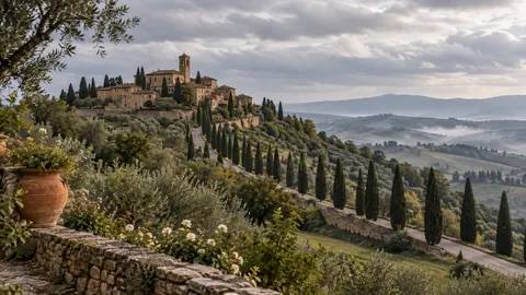 Tuscan-inspired hill village and cypress avenue – fine-art architectural photography Frame TV art