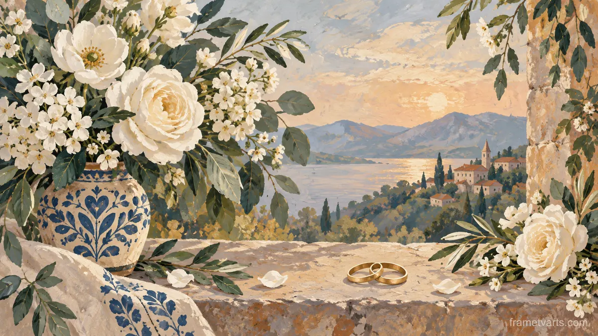 Wedding white florals and two interlocking plain rings – decorative folk gouache Samsung Frame TV art, 4K