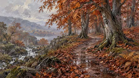 Wet woodland path among copper beeches – expressive palette-knife painting Frame TV art