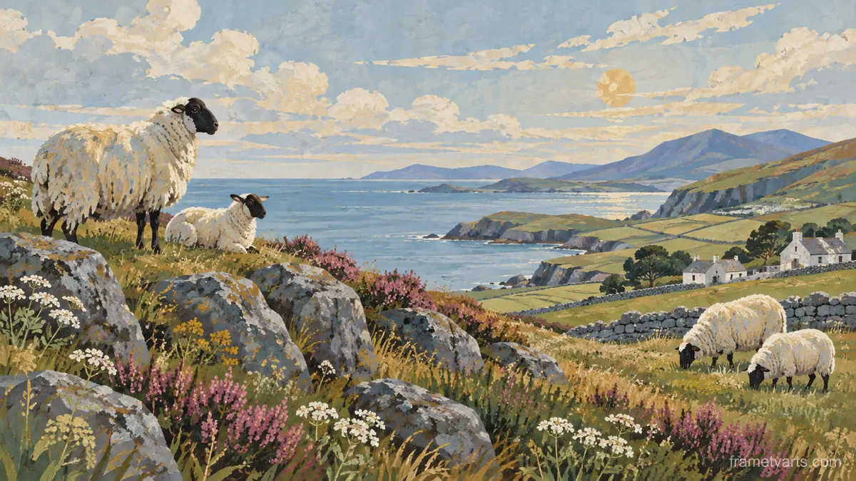 Sheep on a windswept hillside – decorative folk painting Samsung Frame TV art, 4K