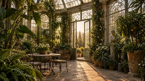 Old conservatory filled with green plants – fine-art architectural photography Frame TV art