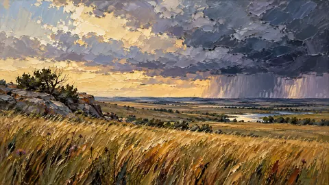 Prairie grass rippling beneath storm clouds – expressive palette-knife painting Frame TV art