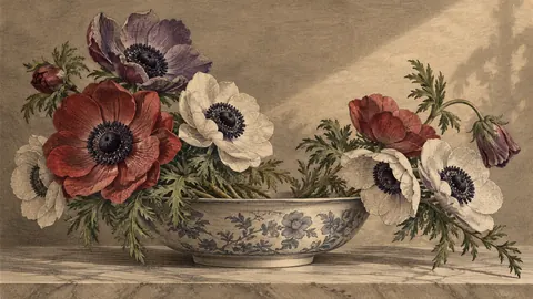 Anemones arranged in a shallow bowl – vintage-style botanical engraving without labels Frame TV art