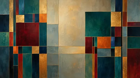 Interrupted grid of squares and narrow rectangles – jewel-tone geometric modernism Frame TV art
