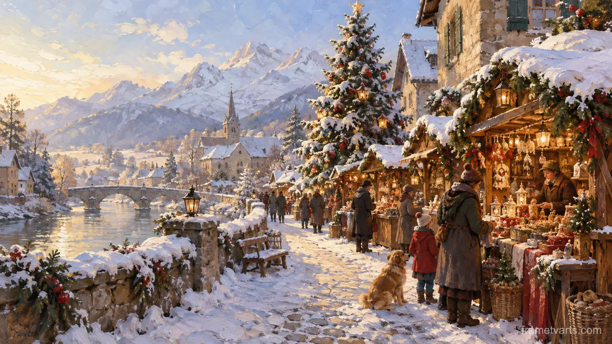 Snowy Christmas market without signs – traditional oil painting Samsung Frame TV art, 4K