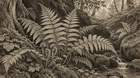 Fern fronds in a shaded woodland hollow – vintage-style botanical engraving without labels Frame TV art