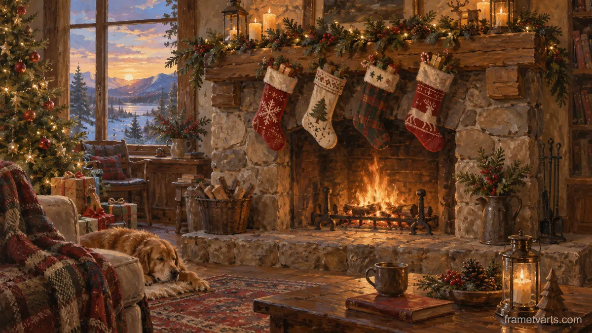 Christmas stockings above a stone hearth – traditional oil painting Samsung Frame TV art, 4K