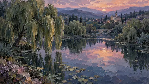 Willow trees reflected in a still pond – expressive palette-knife painting Frame TV art