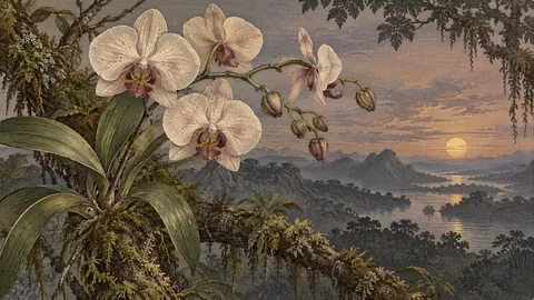 Orchid stems beside a mossy branch – vintage-style botanical engraving without labels Frame TV art