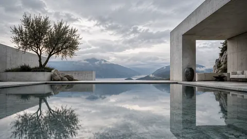 Modern concrete courtyard with reflecting pool – fine-art architectural photography Frame TV art