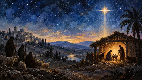 Nativity silhouette under a starry sky – traditional oil painting Frame TV art