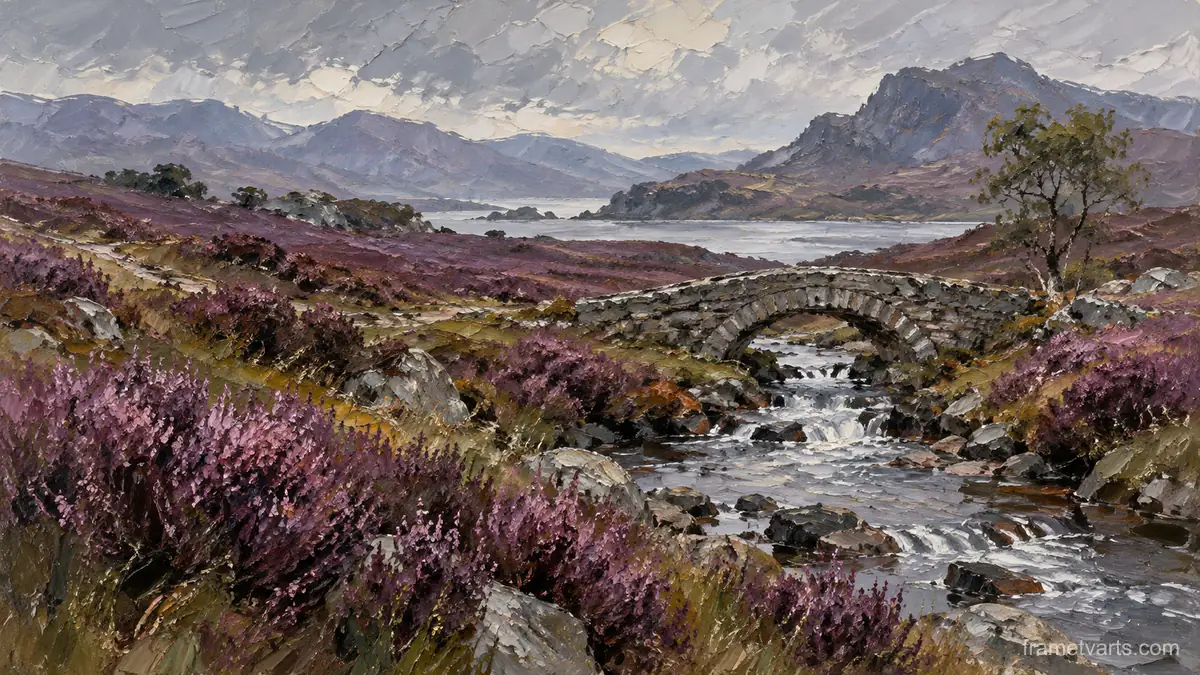 Heather moor and small stone footbridge – expressive palette-knife painting Samsung Frame TV art, 4K