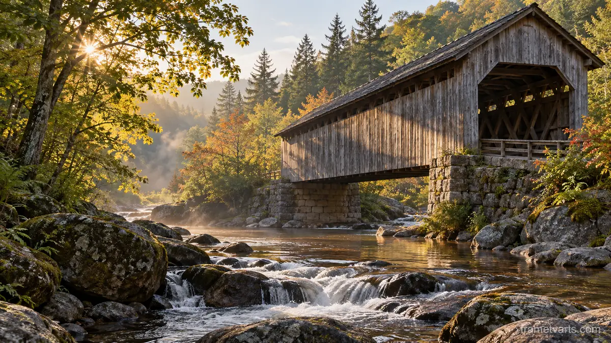 Covered wooden bridge over woodland stream – fine-art architectural photography Samsung Frame TV art, 4K