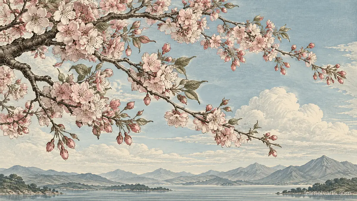 Cherry blossom branches across an open sky – vintage-style botanical engraving without labels Samsung Frame TV art, 4K