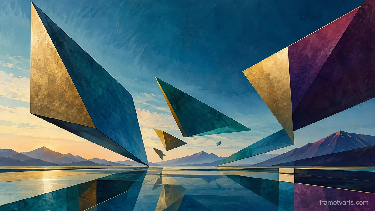 Floating angular planes with spatial tension – jewel-tone geometric modernism Samsung Frame TV art, 4K