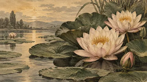 Water lilies floating among broad leaves – vintage-style botanical engraving without labels Frame TV art