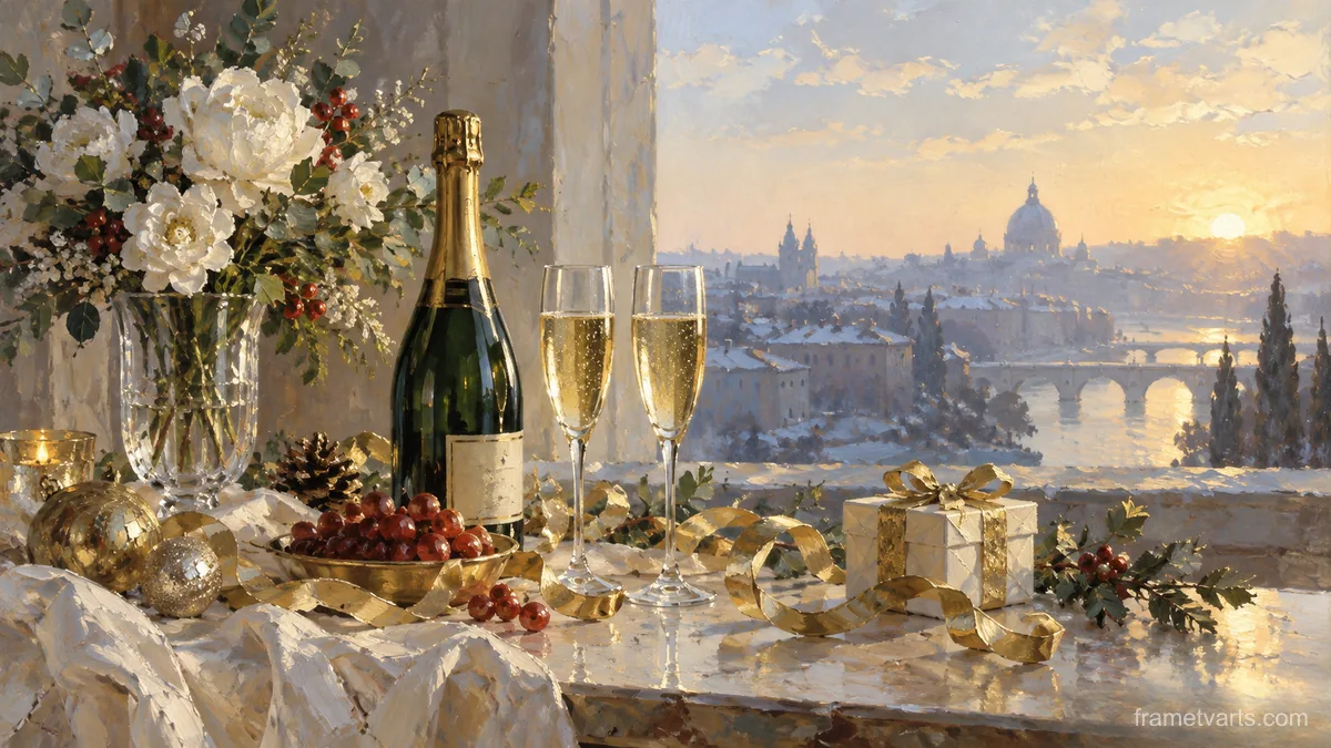 New Year still life of sparkling glass and gold ribbons – traditional oil painting Samsung Frame TV art, 4K