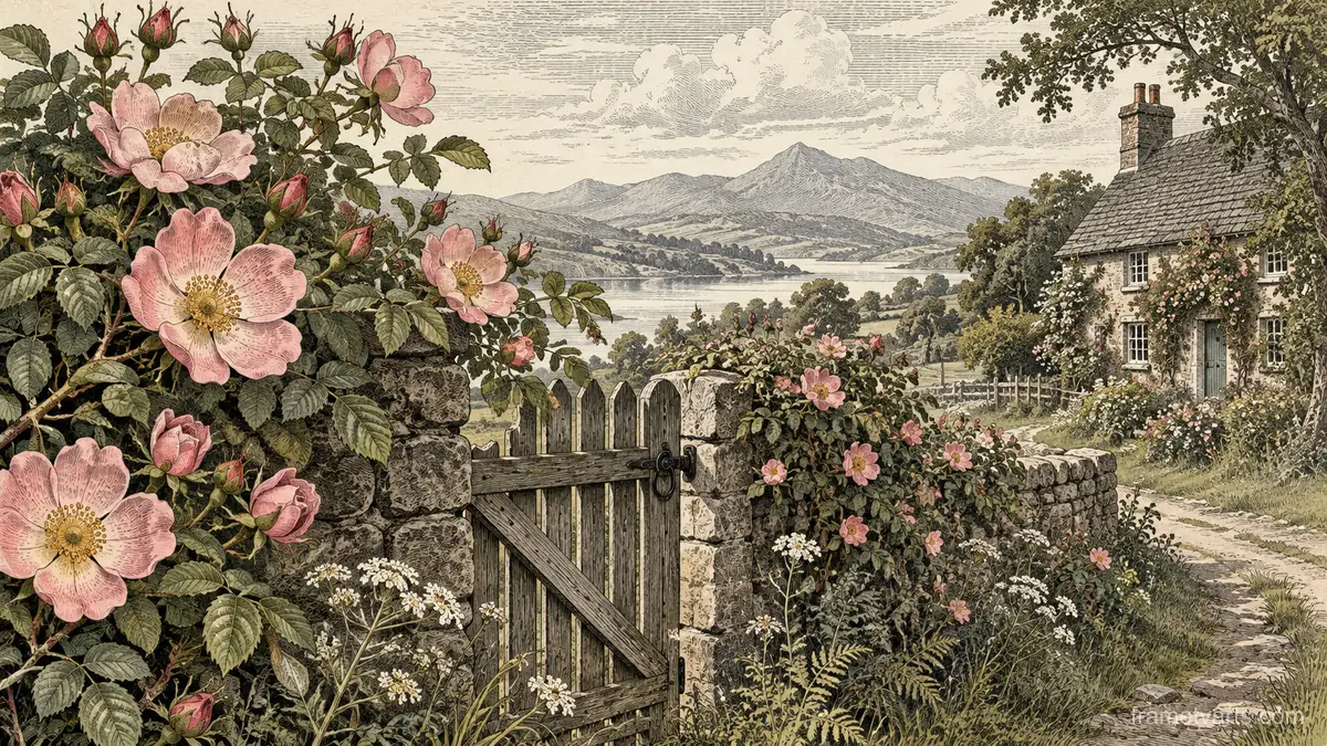Wild roses around a cottage gate – vintage-style botanical engraving without labels Samsung Frame TV art, 4K
