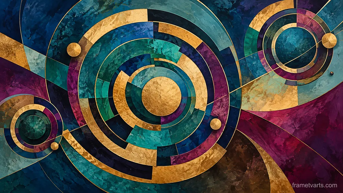 Concentric irregular rings with broken contours – jewel-tone geometric modernism Samsung Frame TV art, 4K