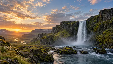 Waterfall between mossy basalt cliffs – fine-art natural photography Frame TV art