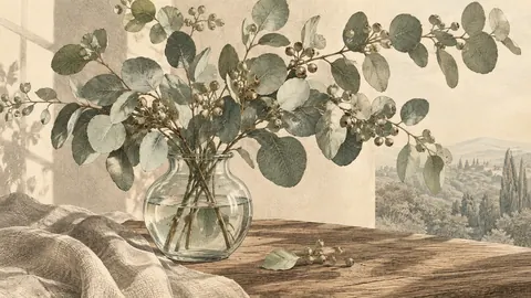 Eucalyptus sprays in a simple glass vessel – vintage-style botanical engraving without labels Frame TV art