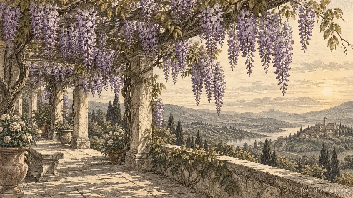 Wisteria cascading from a pergola – vintage-style botanical engraving without labels Samsung Frame TV art, 4K