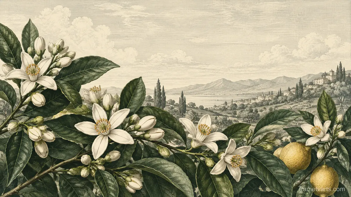 Citrus blossoms among dark green leaves – vintage-style botanical engraving without labels Samsung Frame TV art, 4K