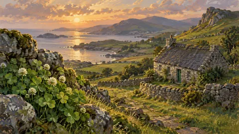 St Patrick shamrocks beside a rustic stone cottage – traditional oil painting Frame TV art