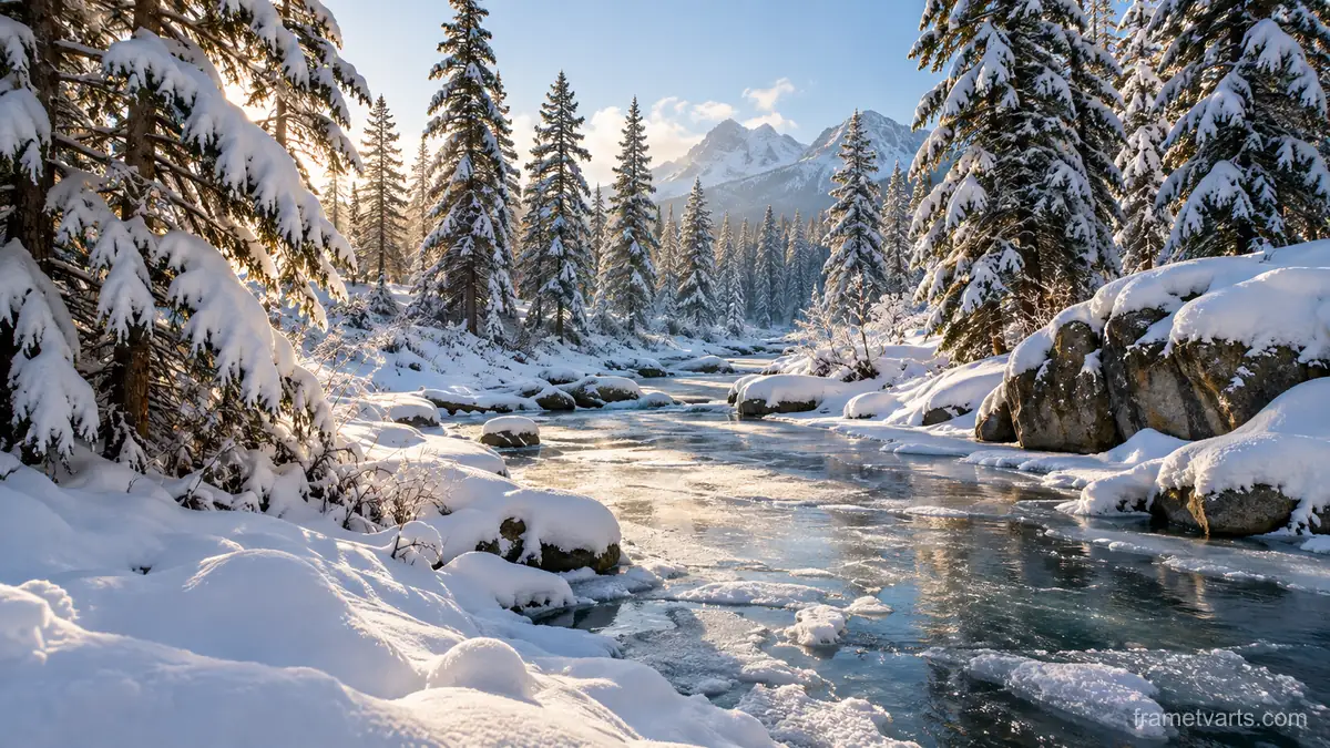 Snow-laden pine forest beside frozen creek – fine-art natural photography Samsung Frame TV art, 4K