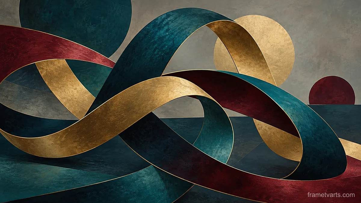 Ribbonlike loops crossing a matte background – jewel-tone geometric modernism Samsung Frame TV art, 4K