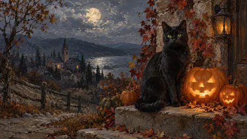 Halloween black cat with pumpkins beneath moonlight – traditional oil painting Frame TV art