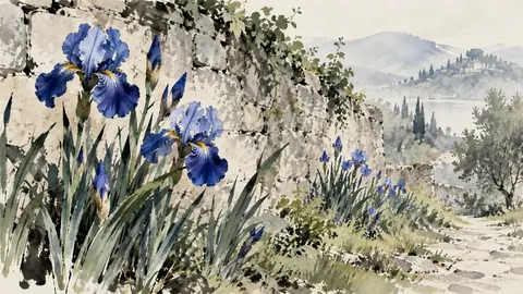 Blue irises beside a stone garden wall – minimal ink and wash Frame TV art