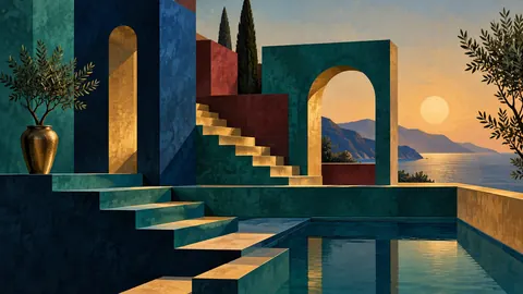 Terraced stepped forms with recessed shadows – jewel-tone geometric modernism Frame TV art