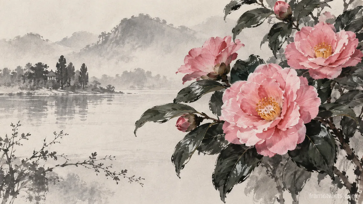 Pink camellias above glossy leaves – minimal ink and wash Samsung Frame TV art, 4K